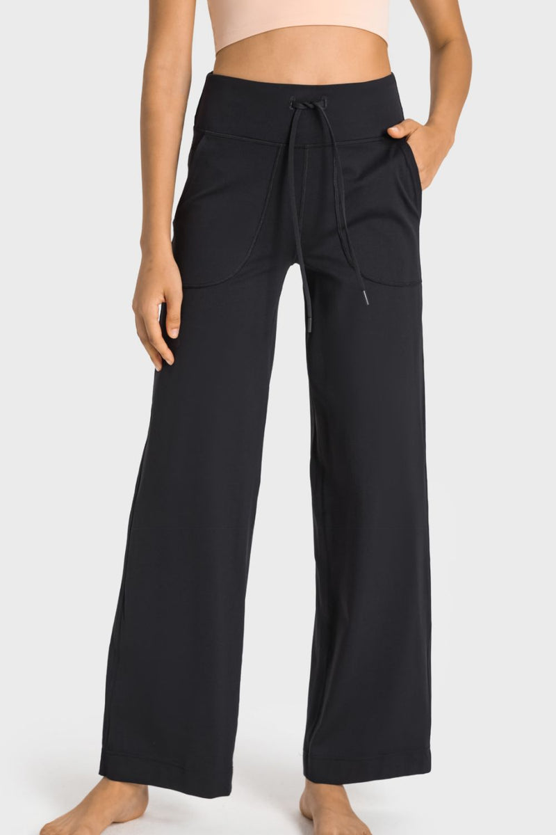 Drawstring Waist Wide Leg Sports Pants with Pockets - Maison Yoga