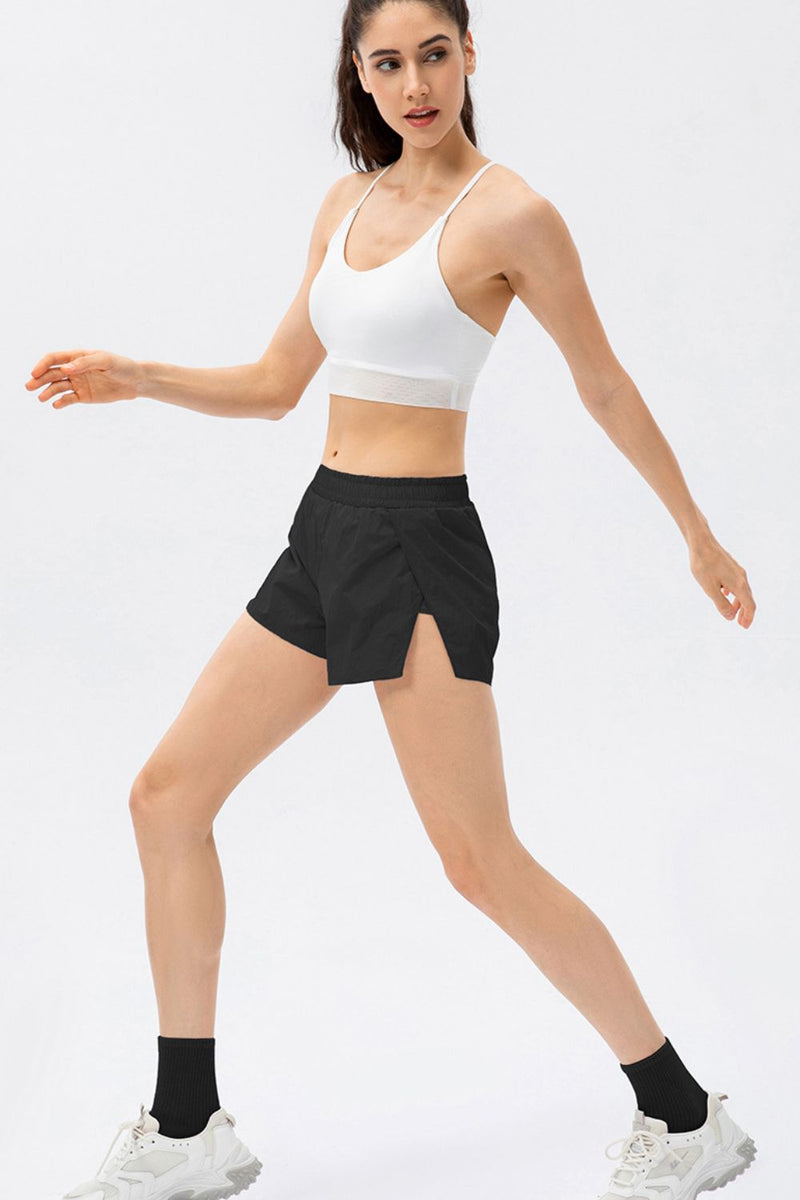 Elastic Waist Slit Faux Layered Sports Shorts - Maison Yoga