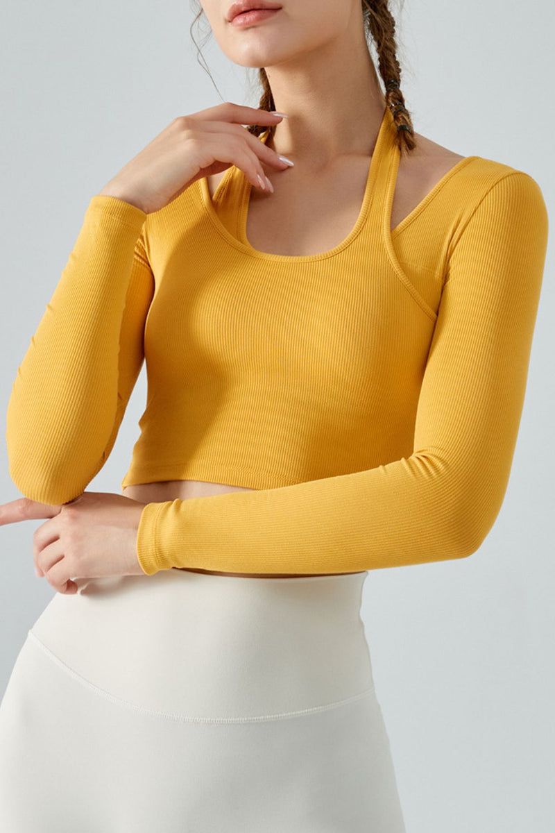 Halter Neck Long Sleeve Cropped Sports Top - Maison Yoga