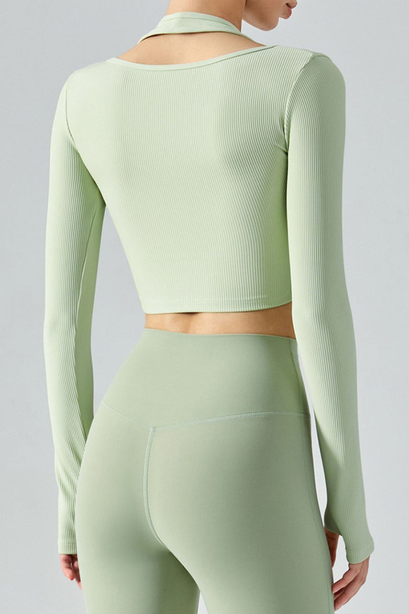 Ribbed Faux Layered Halter Neck Cropped Sports Top - Maison Yoga
