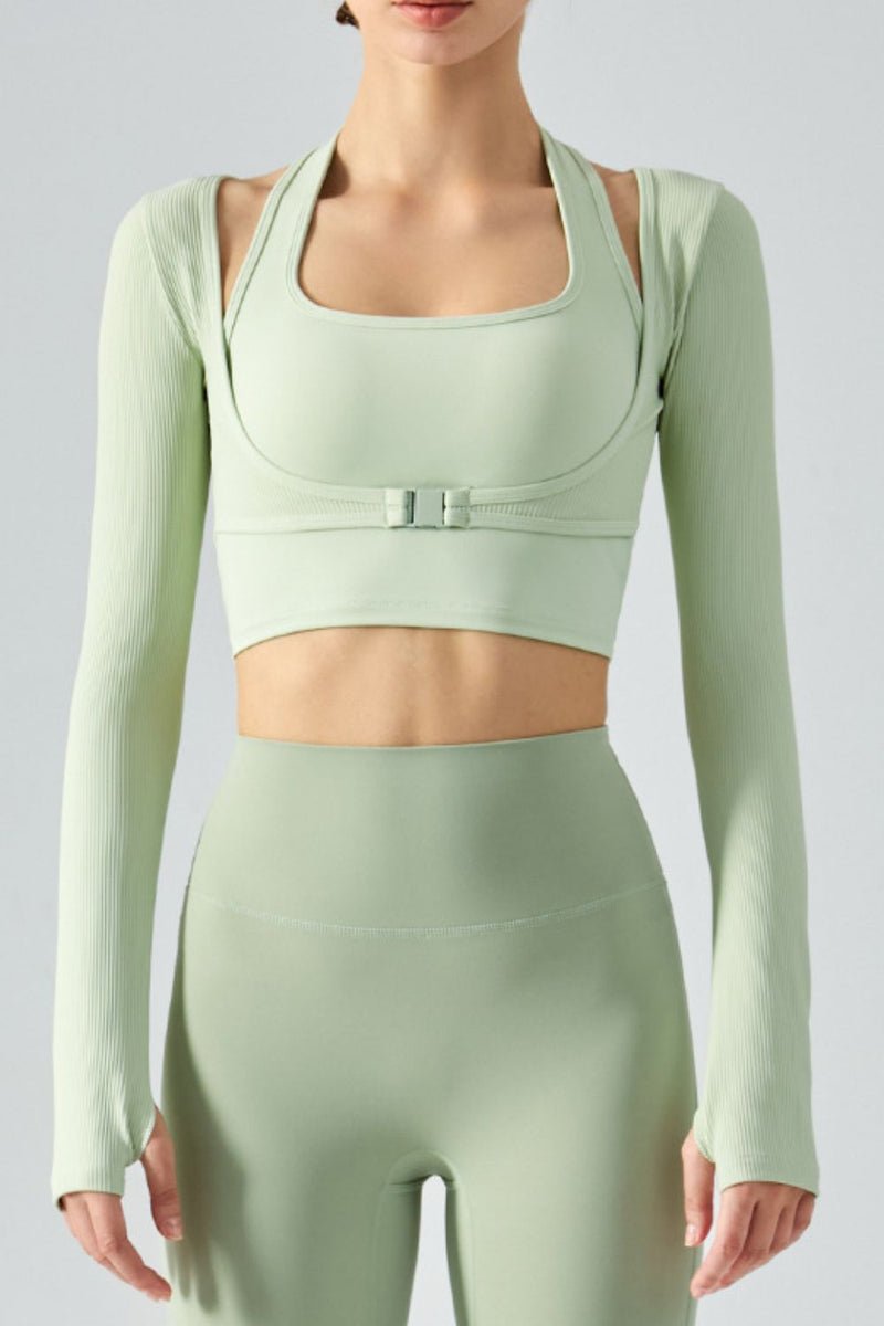 Ribbed Faux Layered Halter Neck Cropped Sports Top - Maison Yoga