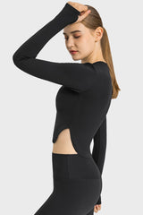 Side Slit Long Sleeve Round Neck Crop Top - Maison Yoga