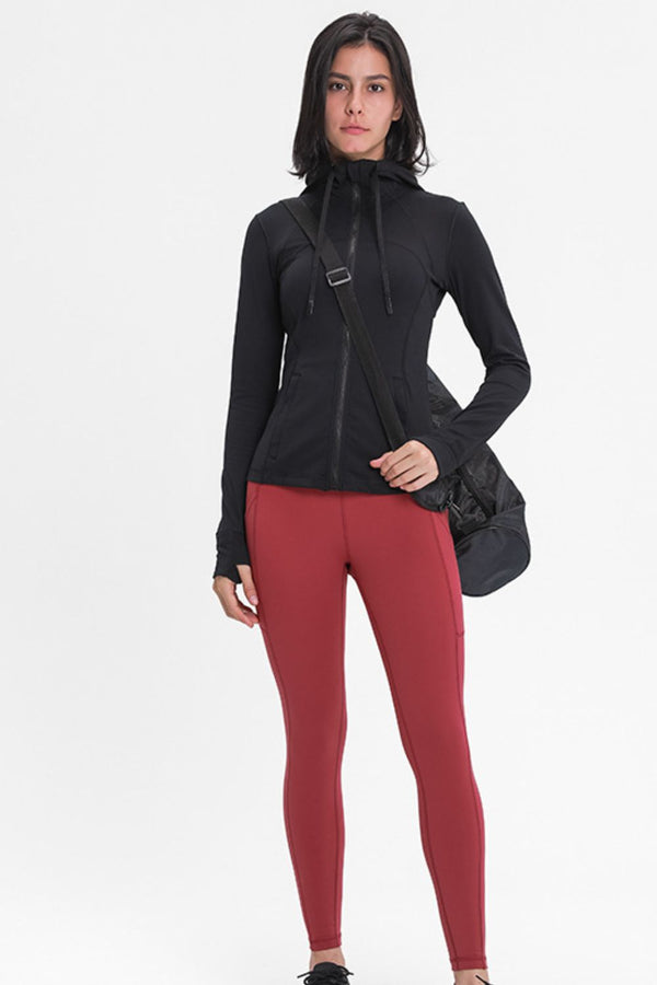 Zip Up Drawstring Detail Hooded Sports Jacket - Maison Yoga