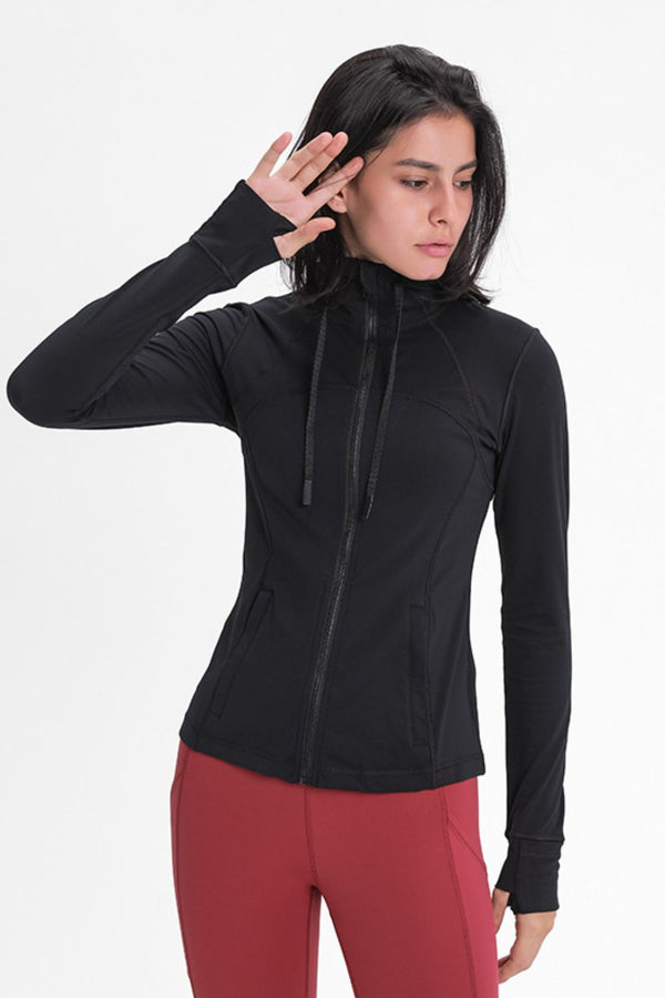 Zip Up Drawstring Detail Hooded Sports Jacket - Maison Yoga